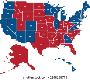 Stylized USA map with geometric flat design look and rounded corners, containing two-letter abbreviations for state names, colored red and blue according to the 2020 presidential election results.