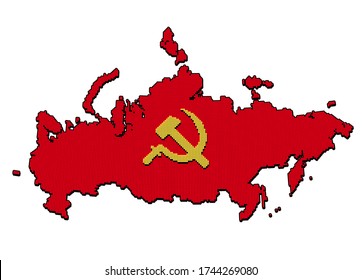 Mapa estilizado de la URSS con martillo y hoz, símbolo comunista de Rusia. Patrón de estilo de punto de píxeles. Ilustración vectorial aislada.