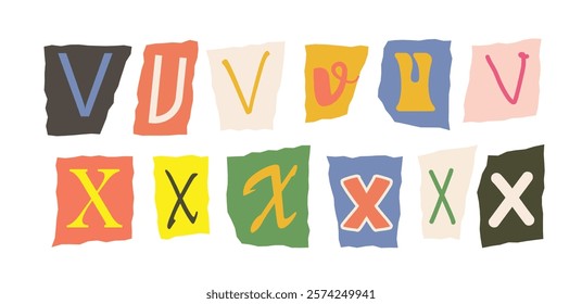 Stylized V and X letters in various fonts and colors on torn paper-like shapes, arranged on a white background. Creative typography concept. Vector illustration.