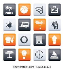 Stylized Vacation and holiday icons over color background - vector icon set