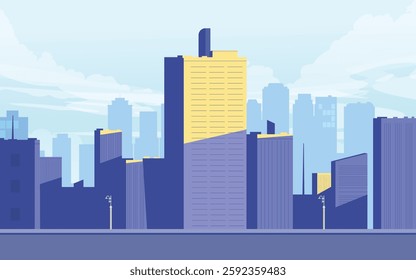 A stylized Vactor illustration of a city skyline with a modern and artistic aesthetic. The buildings have a geometric, minimalistic design, featuring a mix of dark blue, purple, and yellow tones.