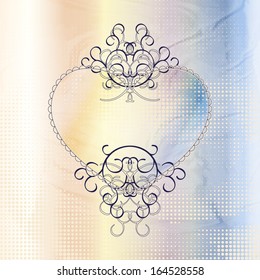Stylized valentine day card with lace-like heart and elegant curly lines on bedsheets texture