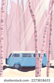 A stylized van illustration of  a journey through a birch grove will be a great decoration for your guidebooks, banners, postcards, packaging