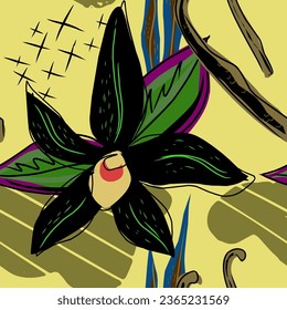 Stylized vanilla flowers and spots. For design, print, wallpaper, paper, textiles. Vector overlapping seamless pattern.