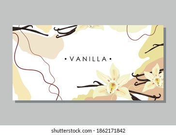 Stylized vanilla on an abstract background with text. Vanilla flowers. Banner, poster, wrapping paper, sticker, print, modern textile design. Vector illustration. 