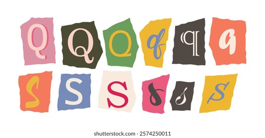 Stylized variations of the letters Q and S on colorful torn paper backgrounds, emphasizing creative typography and design. Vector illustration