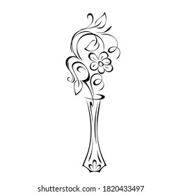 stylized vase with flower, leaves and curls in black lines on a white background