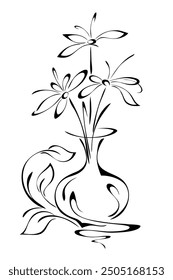 Stylized vase with flowers, leaves and curls; graphic design