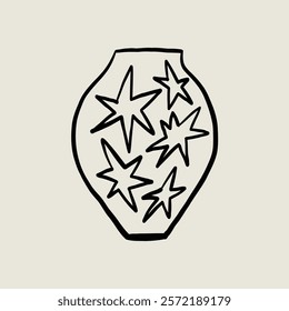 Stylized Vase Pottery Ceramic with Stars. Jar Sketch Black Line Symbol. Stylized Whimsical Hand Drawn Vector Element Decor