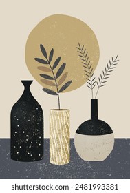 Stylized vases with abstract plants and moon. Grunge texture. Printable boho home decor. Brown, beige, gray color. Modern aesthetic boho design wallpaper, card, template.