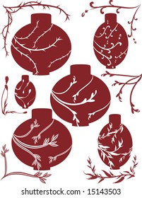 Stylized vases with coordinating design elements. No gradients.