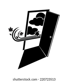 Stylized vector abstract composition door is open and autumn clouds and blowing wind behind it