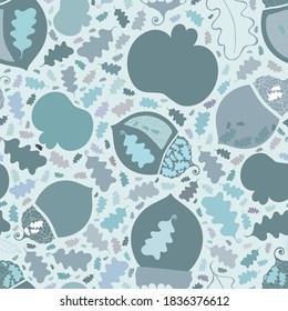 Stylized vector acorn, apples, oak leaves seamless pattern background. Monochrome blue backdrop of elegant fruit, nuts in Jacobean style. Baroque style design. Hand drawn historical all over print.