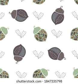 Hojas de roble y bellota vectorial estilizadas con fondo de patrón sin fisuras. El fondo de las elegantes nueces de los bosques dibujadas a mano al estilo jacobeo. Elegante diseño barroco con un toque moderno. Histórico en todo el mundo.