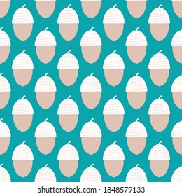 Stylized vector acorn seamless pattern background.Aqua blue blue pink white backdrop of orest nuts in modern graphic style. Geometric contemporary design. All over print for winter stationery