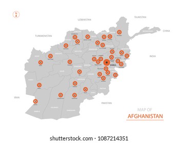 Stylized vector Afghanistan map showing big cities, capital Kabul, 
administrative divisions.