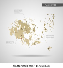Stylized vector Aland Islands map.  Infographic 3d gold map illustration with cities, borders, capital, administrative divisions and pointer marks, shadow; gradient background. 