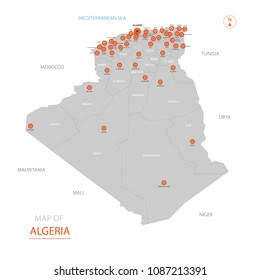 Stylized vector Algeria map showing big cities, capital Algiers, 
administrative divisions.