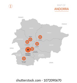 Stylized vector Andorra map showing big cities, capital Andorra la Vella
administrative divisions and country borders with Spain, France.