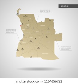 Stylized vector Angola map.  Infographic 3d gold map illustration with cities, borders, capital, administrative divisions and pointer marks, shadow; gradient background. 
