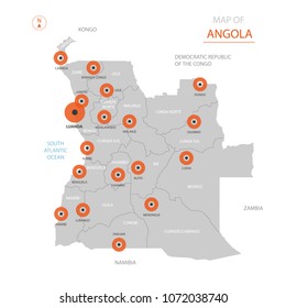 Stylized vector Angola map showing big cities, capital Luanda, administrative divisions and country borders with Kongo, Zambia, Democratic Republic of the Congo, Namibia and South Atlantic Ocean. 