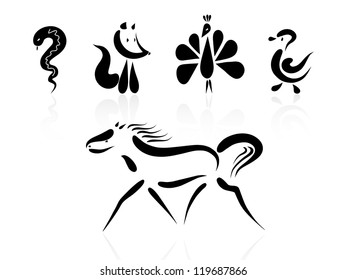 Stylized vector animals - snake, fox, peacock, duck, horse