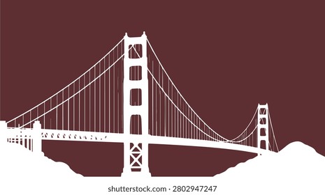 Stylized vector art depicting the famous Golden Gate Bridge as a white silhouette, with landforms, set against a rich maroon backdrop, emphasizing its architectural elegance.