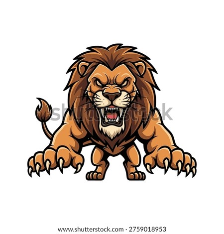 Stylized vector art of a roaring lion mascot, conveying power and aggression. Ideal for sports teams, brands, or any venture needing a bold, commanding presence.