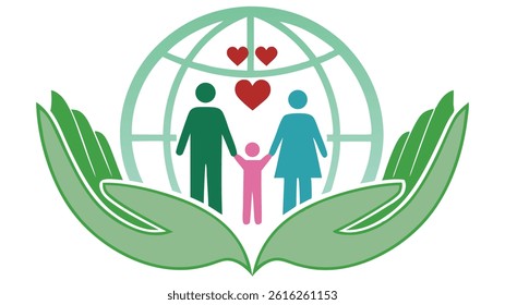 Stylized vector art shows a family with parents and child inside a world globe held by green hands, with hearts. Symbolic of global family care and support.