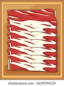 Stylized vector art of thinly sliced meat with bold red and white colors, framed composition, and clean lines