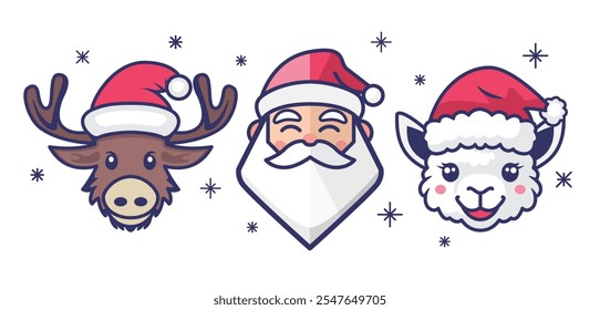 Obra de arte de Vector estilizado que muestra a Santa Claus, un reno alegre y una alpaca esponjosa, todos con sombreros de Santa Claus, sobre un fondo blanco limpio.