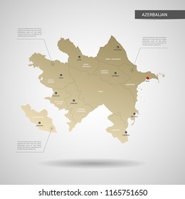 Stylized vector Azerbaijan map.  Infographic 3d gold map illustration with cities, borders, capital, administrative divisions and pointer marks, shadow; gradient background. 