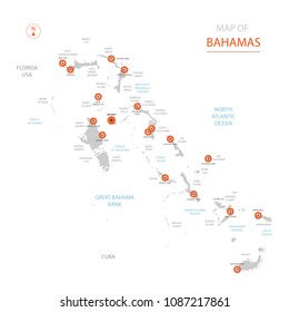 Stylized vector Bahamas map showing big cities, capital Nassau, 
administrative divisions.