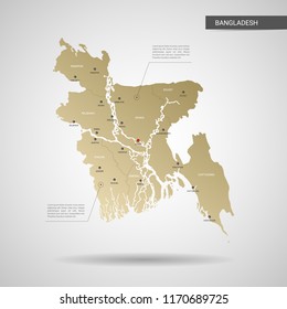 Stylized vector Bangladesh map.  Infographic 3d gold map illustration with cities, borders, capital, administrative divisions and pointer marks, shadow; gradient background. 
