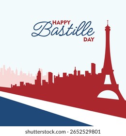 Vetor estilizado para o Dia da Bastilha com a Torre Eiffel e o horizonte da cidade no tema da bandeira francesa. Ideal para designs editoriais, de anúncios e de eventos.