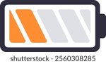 Stylized vector battery icon partially charged, symbolizing low power, energy conservation, or the need for recharging, using orange and gray colors