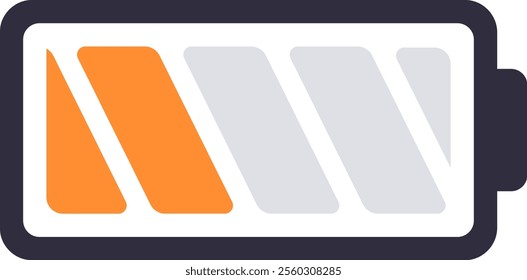 Stylized vector battery icon partially charged, symbolizing low power, energy conservation, or the need for recharging, using orange and gray colors