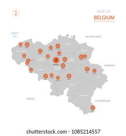 Stylized vector Belgium map showing big cities, capital Brussels, administrative divisions.