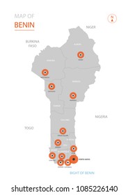 Stylized vector Benin map showing big cities, capital Porto Novo, 
administrative divisions.