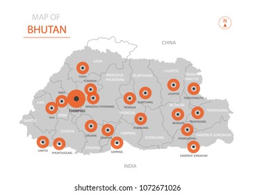 Stylized vector Bhutan map showing big cities, capital Thimphu, administrative divisions and country borders with China, India.  