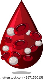 Stylized vector blood drop with red and white blood cells, flat design, bold colors.