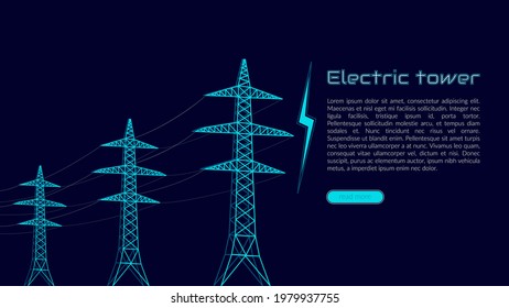 Stylisierter, vektorblauer Elektroturm, Stromkonzept, Stromübertragung, Urbanisierung. Auf dunkelblauem Hintergrund. Design-Vorlage für Websites, Banner.