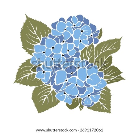 Stylized vector of a blue hydrangea flower with sage green leaves, minimalist design, clean outlines, solid colors, modern botanical illustration on white background
