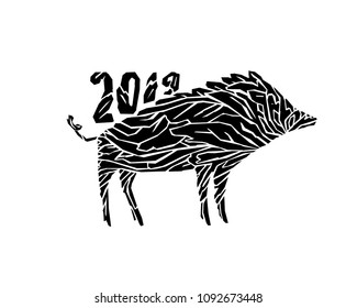 Stylized vector boar illustration with 2019 number isolated on white