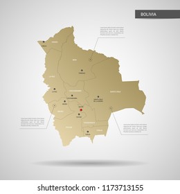 Stylized vector Bolivia map.  Infographic 3d gold map illustration with cities, borders, capital, administrative divisions and pointer marks, shadow; gradient background. 
