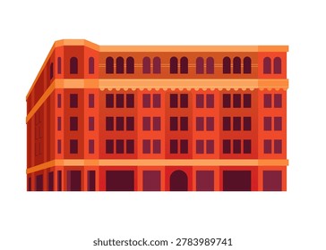 Stylized vector of the Bradbury Building in Los Angeles. Iconic red-brick facade and arched windows highlight this architectural gem known for its historic interior ironwork and skylight