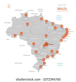Stylized vector Brazil map showing big cities, capital Brasilia, 
administrative divisions and country borders with Argentina, Bolivia, Peru, Guyana, Venezuela, Colombia, Paraguay, Uruguay.