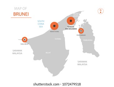 Stylized vector Brunei map showing big cities, capital Bandar Seri Begawan, 
administrative divisions and country borders with Malaysia, South China Sea .  