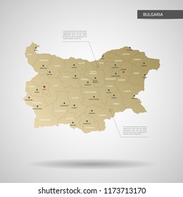 Stylized vector Bulgaria map.  Infographic 3d gold map illustration with cities, borders, capital, administrative divisions and pointer marks, shadow; gradient background. 
