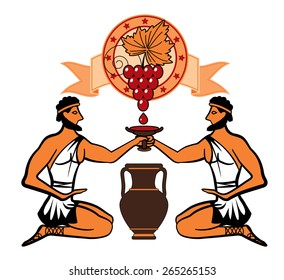 stylized vector bunch of grapes with leaves on the background of a circle with a ribbon on two Greeks with a cup of wine and amphora, painted in the ancient Greek style